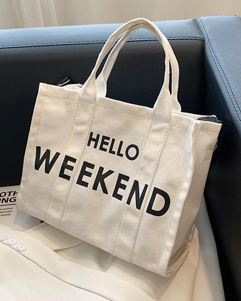 

Letter Print Large Capacity Tote Bag, White