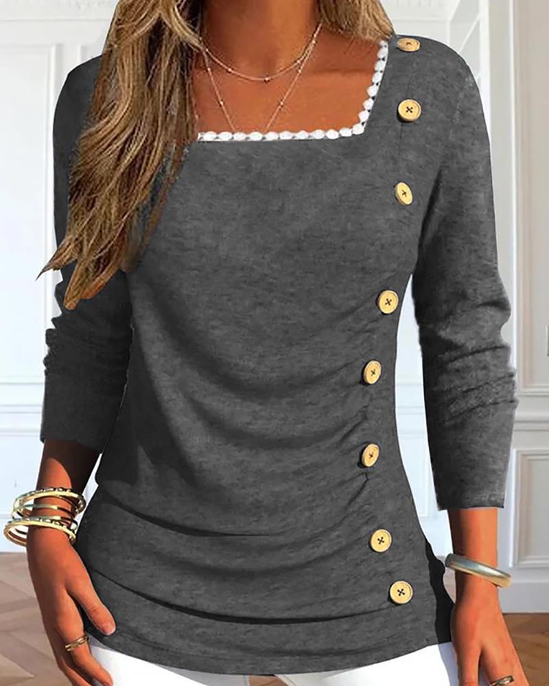 

Square Neck Side Button Ruched Top, Gray