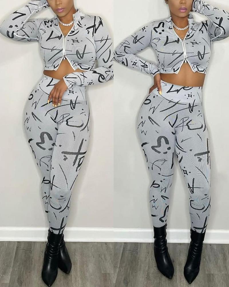 

Abstract Print Zip Up Crop Top & Pants Set, Gray