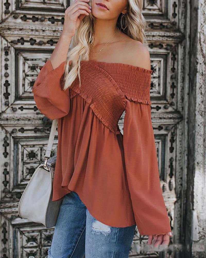 

Off Shoulder Ruffles Long Sleeved Top, Orange