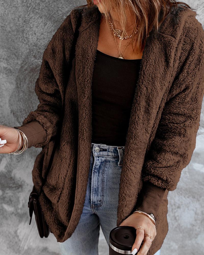 

Fluffy Lantern Sleeve Zip Front Teddy Coat, Coffee