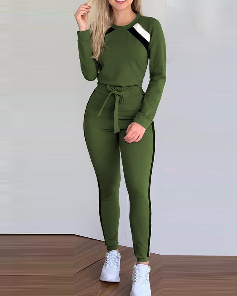 

Striped Long Sleeve Top & Tied Detail Pants Set, Green