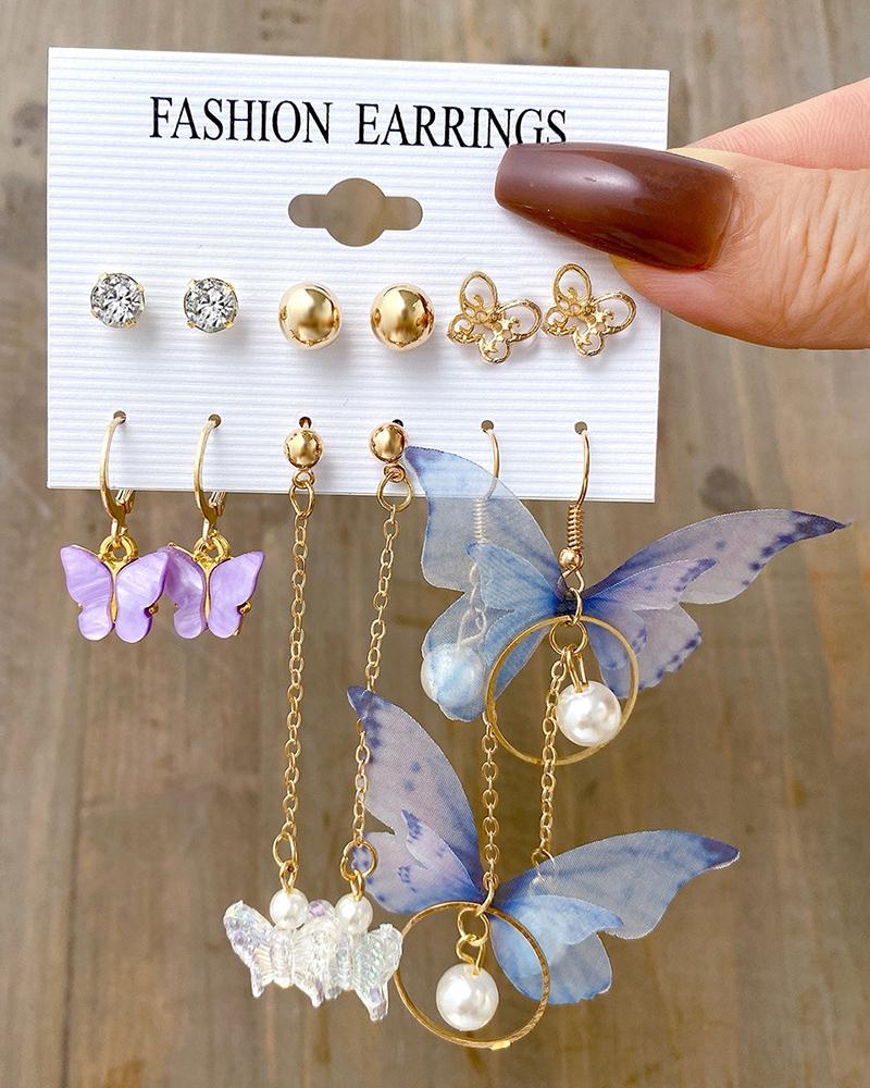 

6Pairs Butterfly Pattern Pearls Pendant Earrings Set, Purple