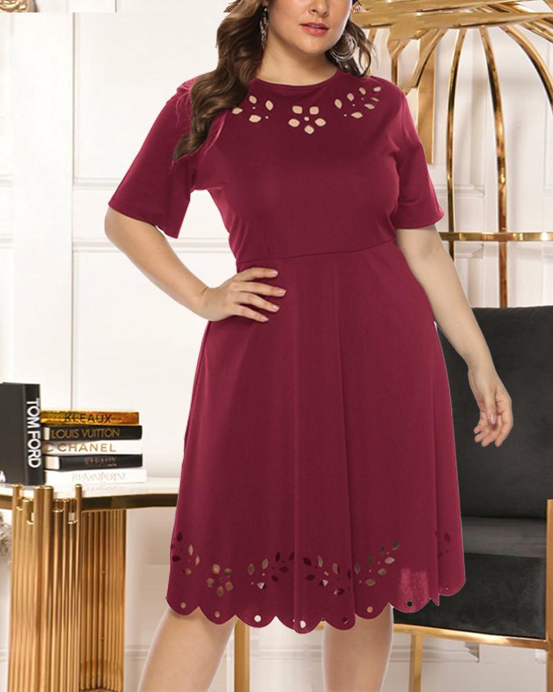 

Plus Size Hollow Out Scallop Trim Casual Dress, Wine red