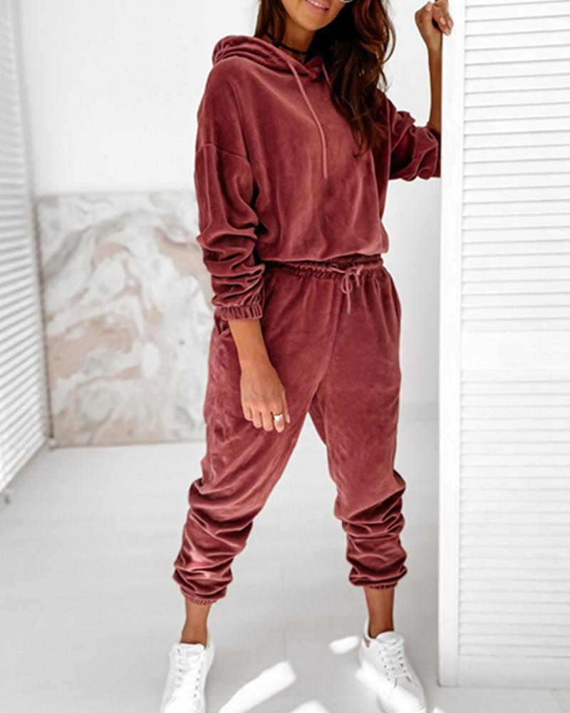 

Solid Velvet Drop Shoulder Drawstring Hoodie & Pants Set, Red