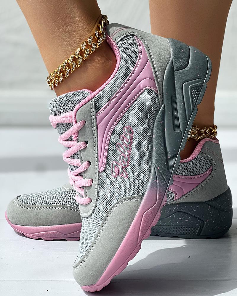 

Colorblock Breathable Lace-up Casual Sneakers, Pink&gray