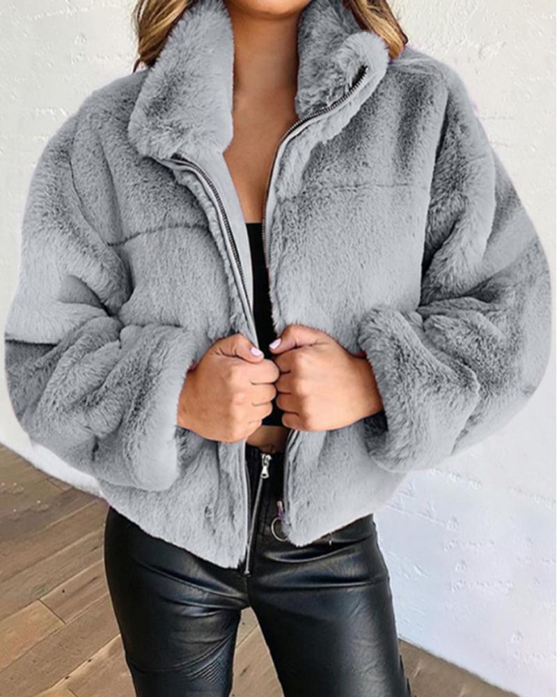 

Long Sleeve Zipper Design Teddy Coat, Gray