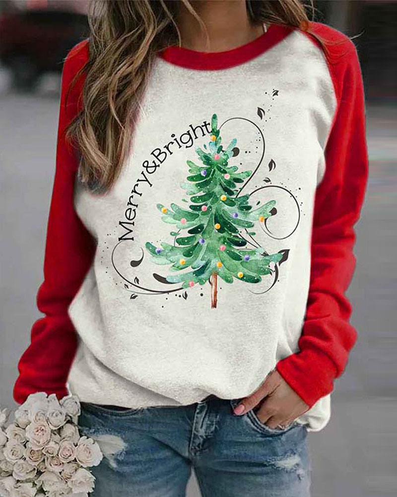 

Christmas Tree Print Long Sleeve Top, Red