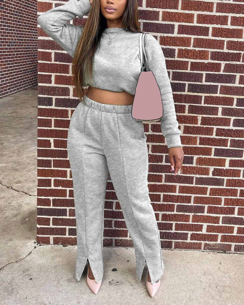 

Long Sleeve Casual Top & Split Hem Pants Set, Gray