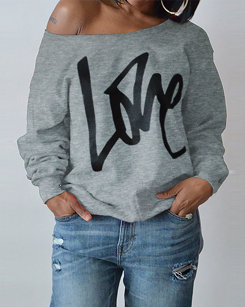 

Letter Print Long Sleeve Sweatshirt, Gray