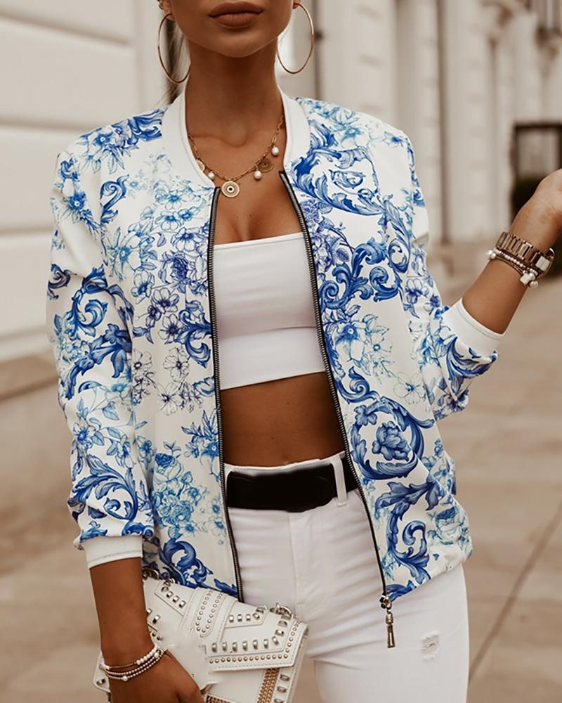 

Baroque Print Zipper Design Jacket, Blue
