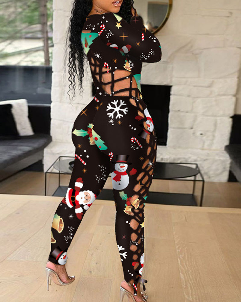

Christmas Santa Claus Snowflake Print Lace-Up Long Sleeve Jumpsuit, Style3