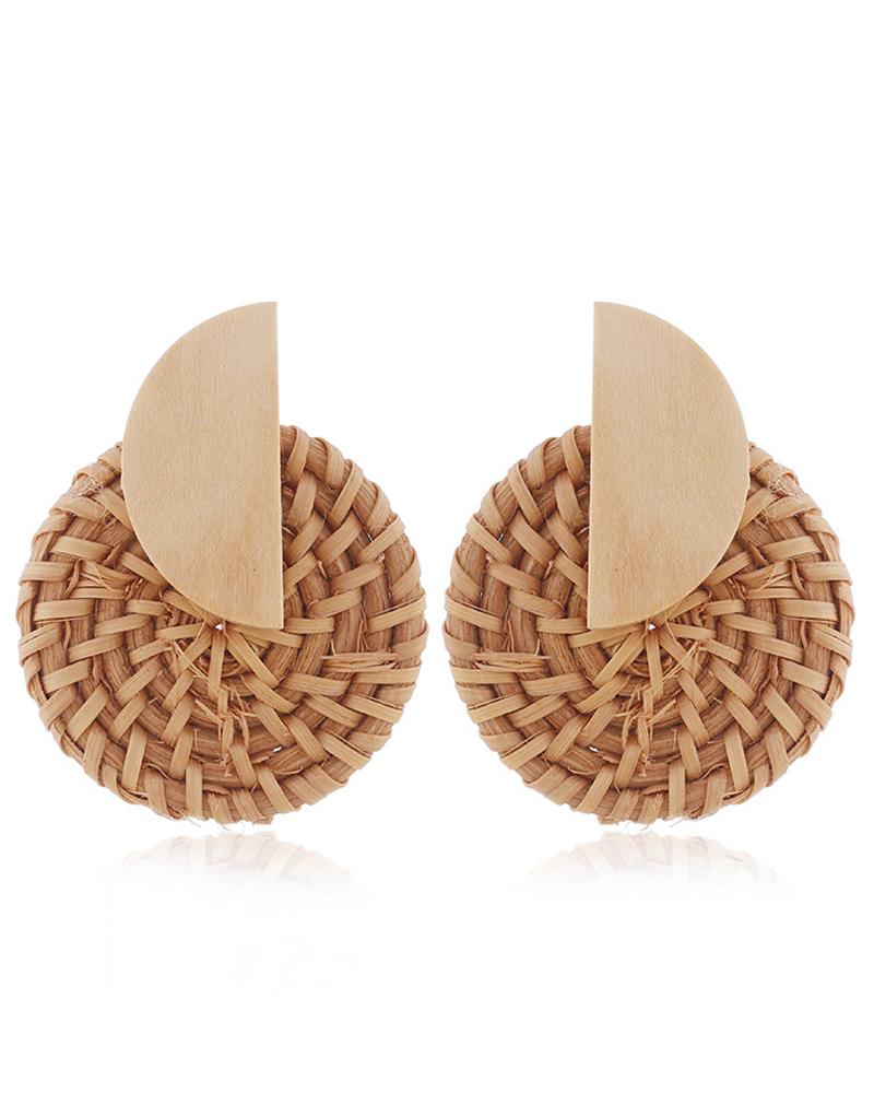 

1Pair Round Shaped Rattan Earrings, Coffee