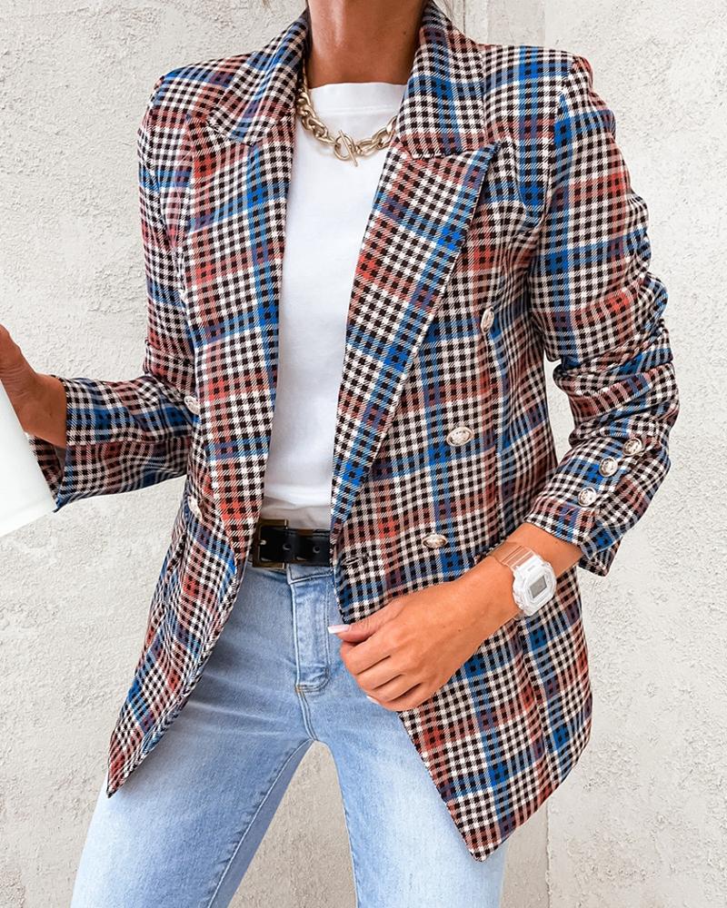 

Plaid Print Double Breasted Notched Collar Blazer Coat, Multicolor