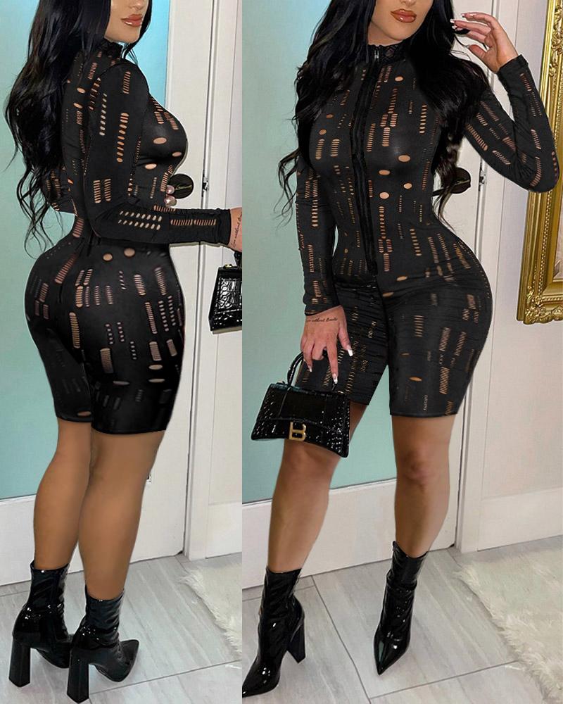 

Long Sleeve Hollow Out Zip Front Romper, Black
