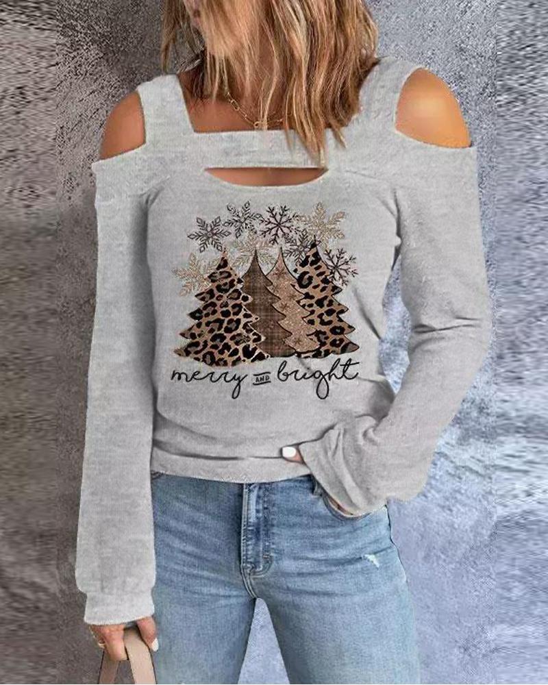 

Christmas Tree Snowflake Print Cold Shoulder Top, Gray