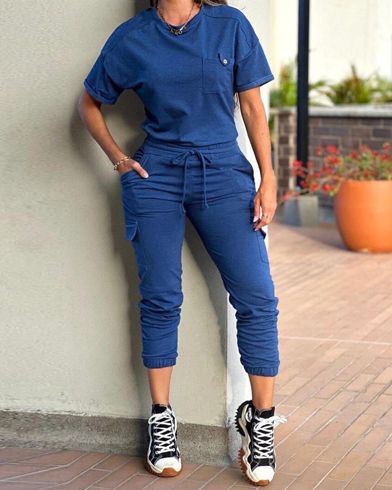 

Pocket Design Buttoned Top & Drawstring Cuffed Pants Set, Dark blue