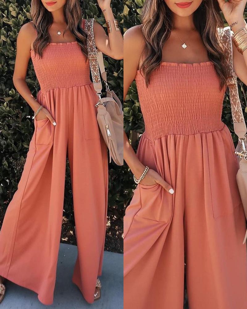 

Shirred Pocket Design Wide Leg Jumpsuit, Orange