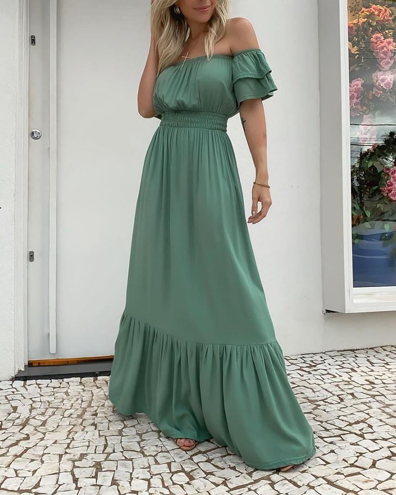 

Solid Color Off Shoulder Ruffle Hem Dress, Green