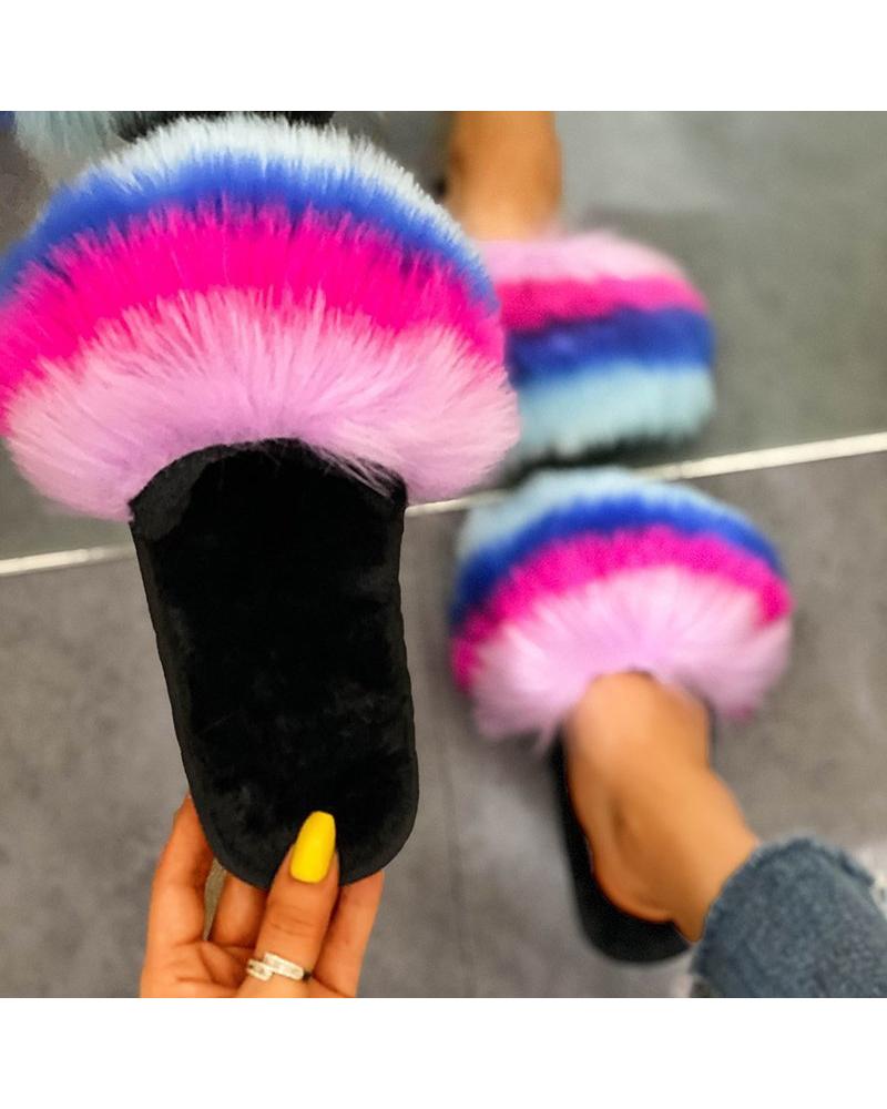 

Multicolor Fur Upper Flat Sndals, Dark blue