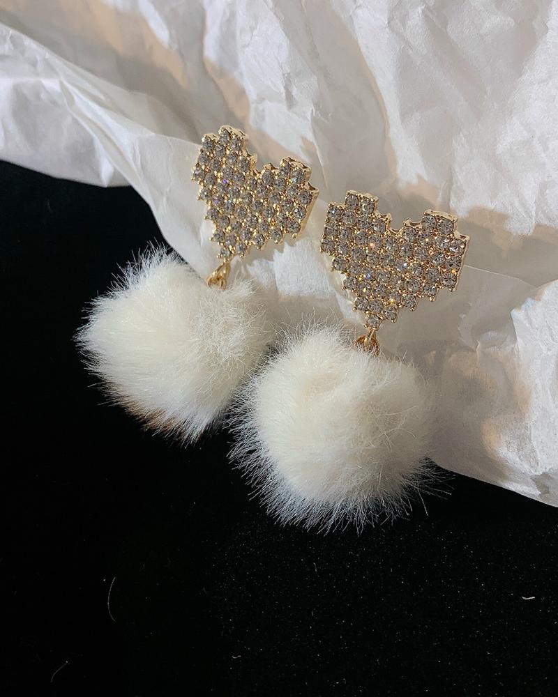 

Heart Pattern Studded Pom Pom Drop Earrings, White