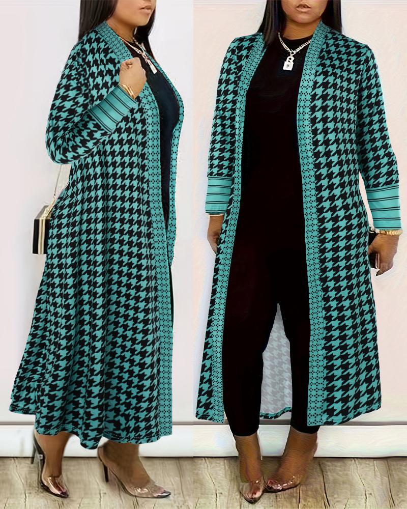 

Plus Size Houndstooth Print Open Front Longline Coat, Green