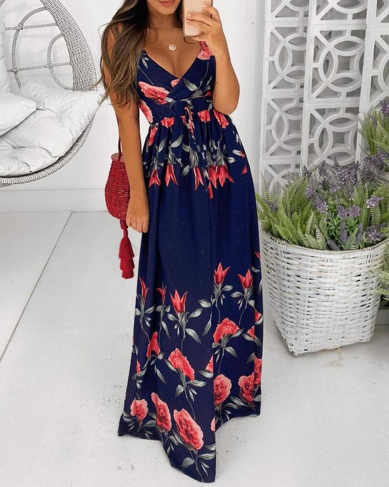 

Spaghetti Strap Floral Print Maxi Dress, Purplish blue