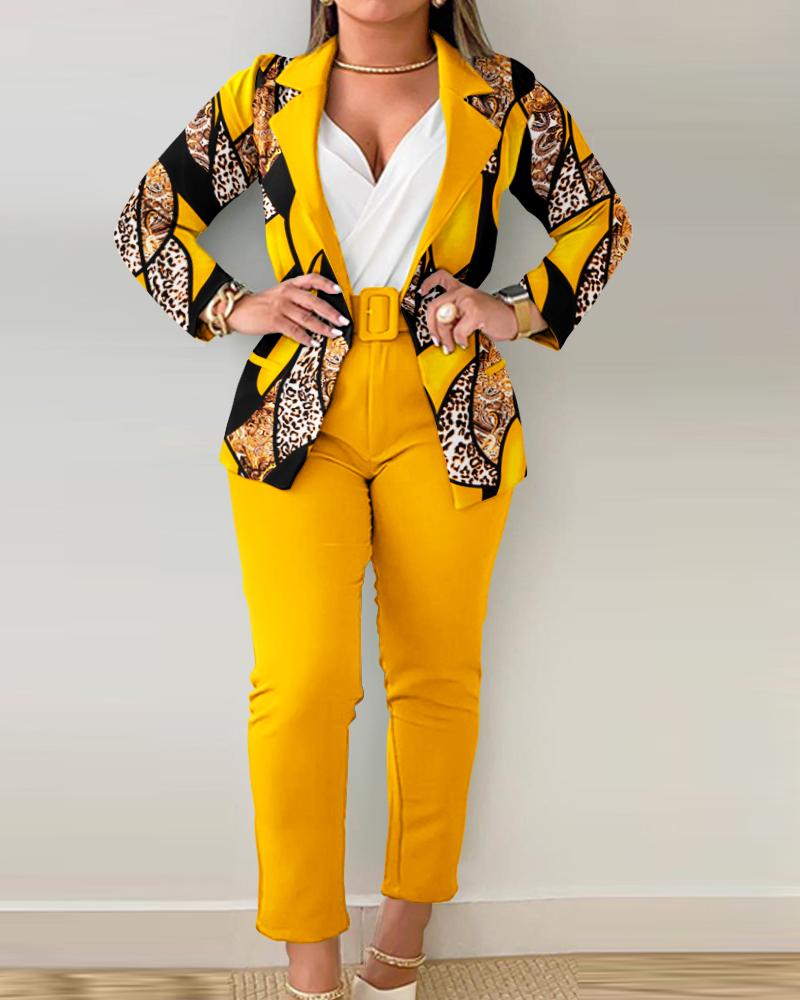 

Plus Size Baroque Leopard Print Blazer Coat & Pants Set, Yellow