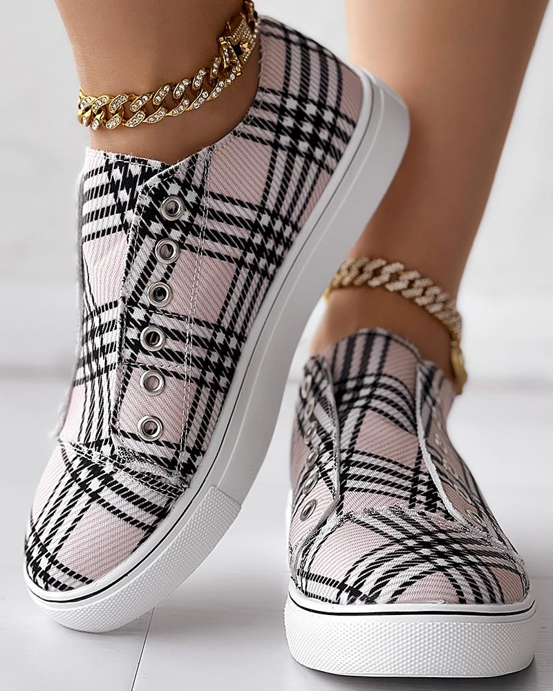 

Plaid Print Eyelet Casual Canvas Sneakers, Pink