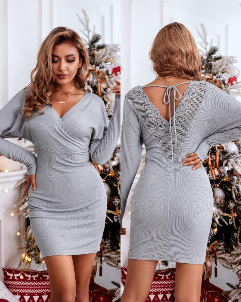 

Crochet Lace Batwing Sleeve Bodycon Dress, Light gray