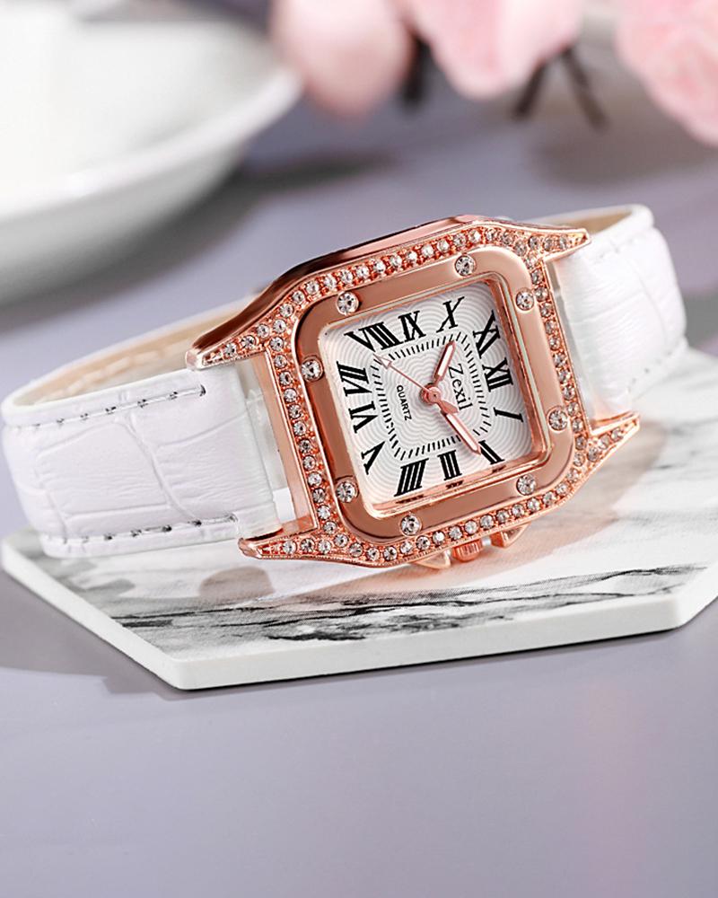 

Rhinestone Decor Square Quartz Watch, White