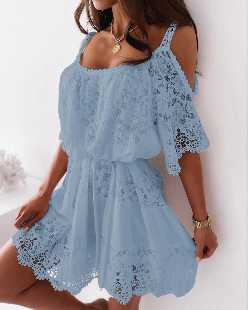 

Cold Shoulder Contrast Lace Casual Dress, Blue