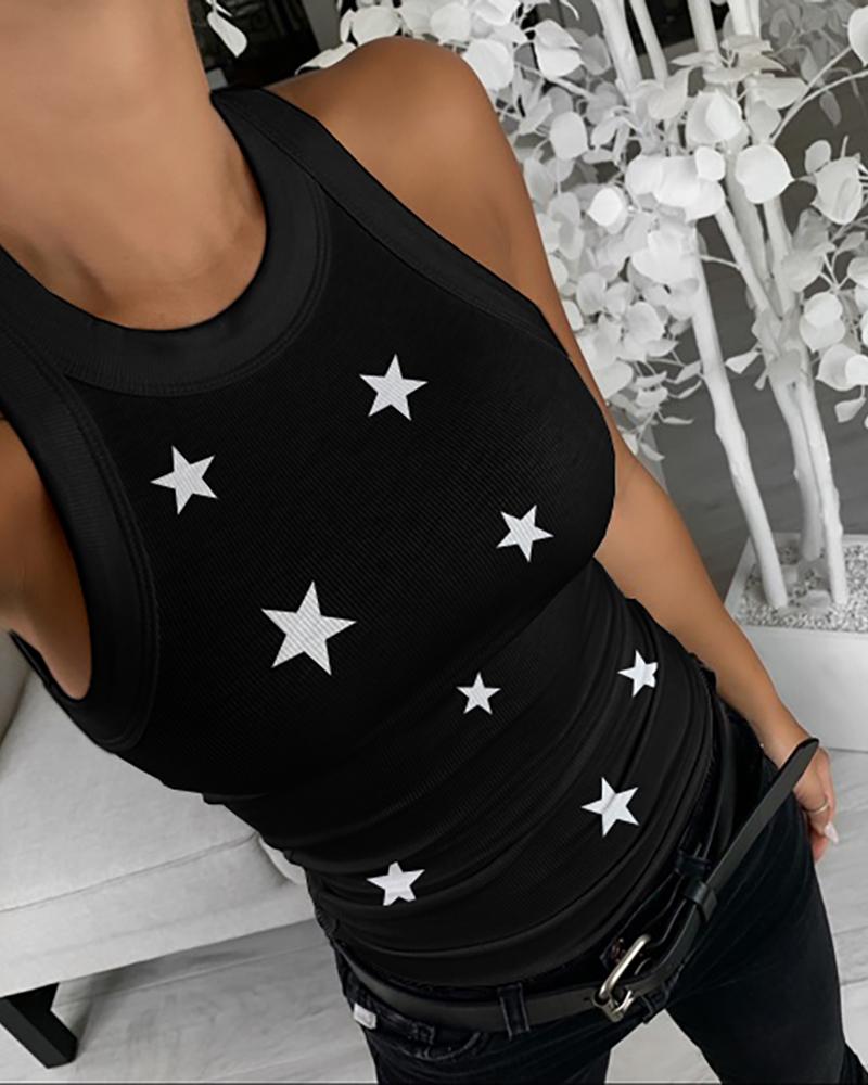 

Summer Sleeveless Basic Cami Top Shirt Slim Knit Ribbed Racerback Blouses Star Print Tank Tops, Black