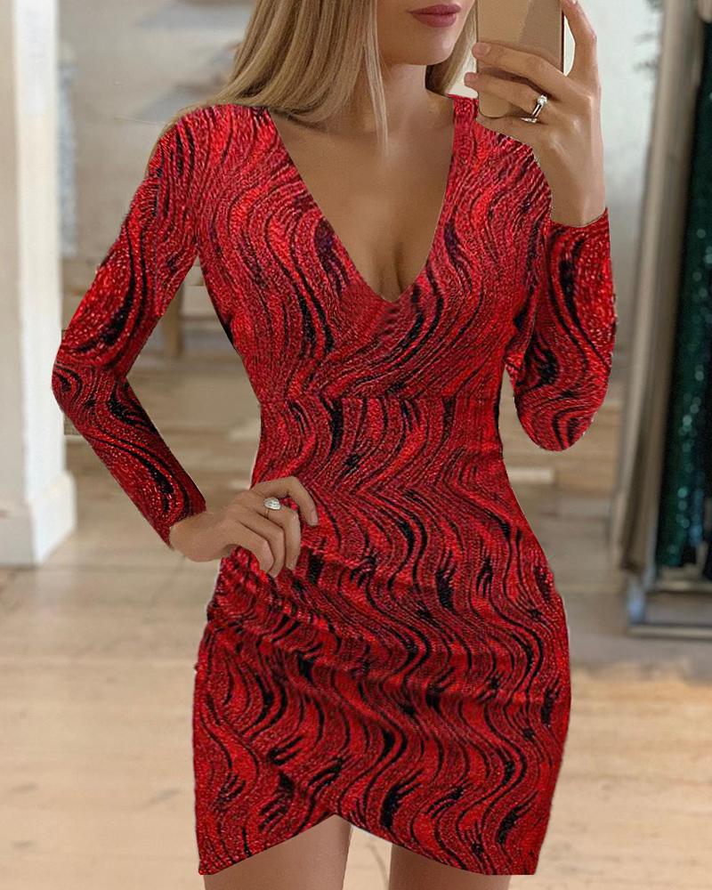 

Colorblock Wrap Long Sleeve Bodycon Dress, Red
