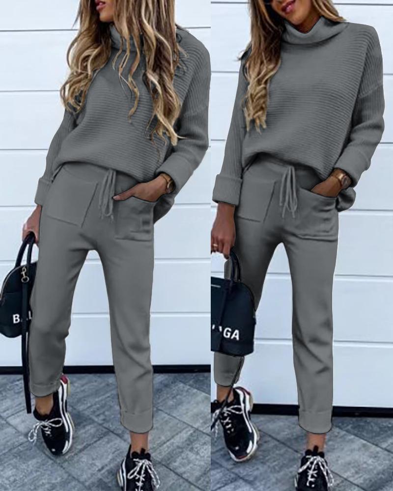 

Turtleneck Long Sleeve Knit Top & Drawstring Pants Set, Gray