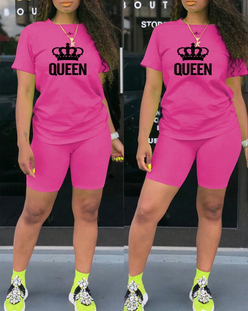 

Letter Crown Print Casual Top & Shorts Set, Hot pink