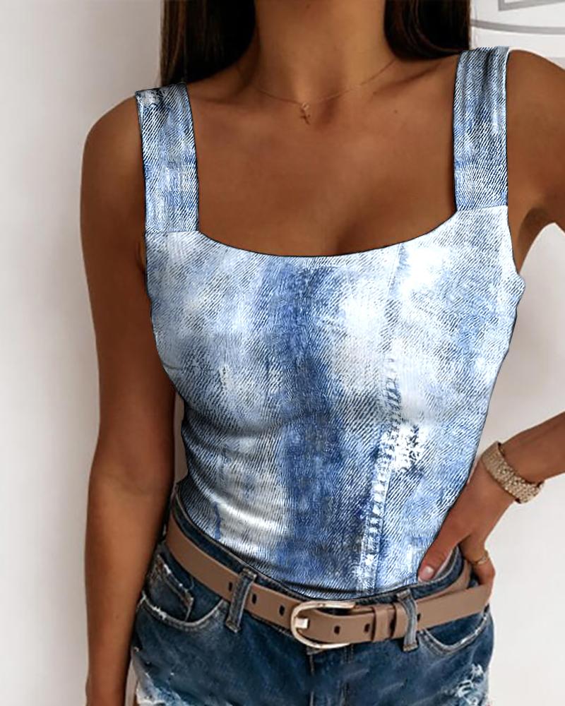 

Denim Look Print Tank Top, Blue