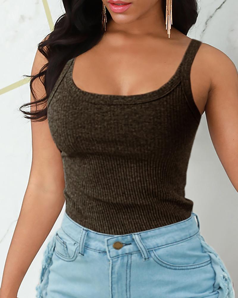 

Spaghetti Strap U Neck Ribbed Casual Top, Green