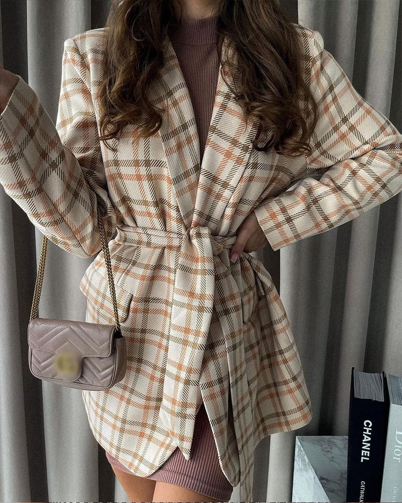 

Plaid Print Pocket Design Coat With Belt, Multicolor