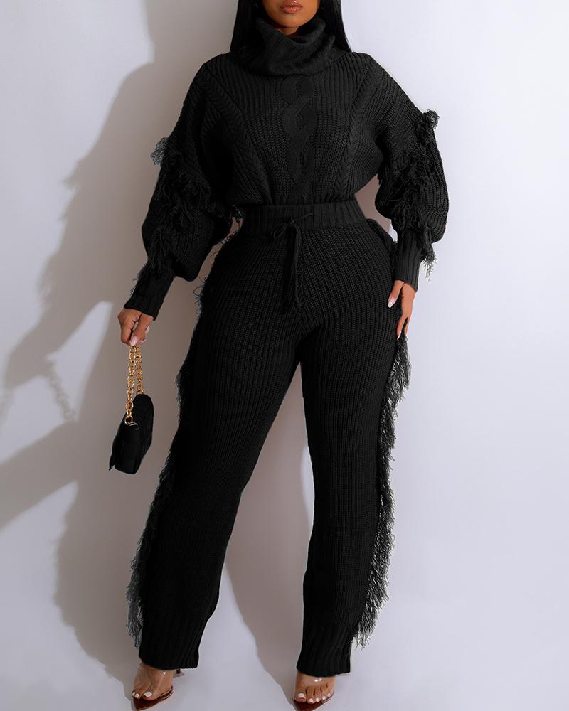 

Tassel Design Sweater & Drawstring Pants Set, Black