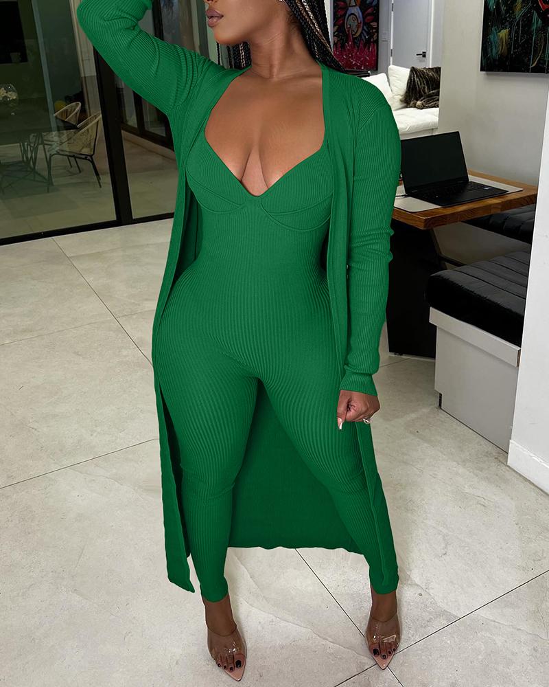

Sleeveless Jumpsuit & Open Front Longline Coat Set, Green