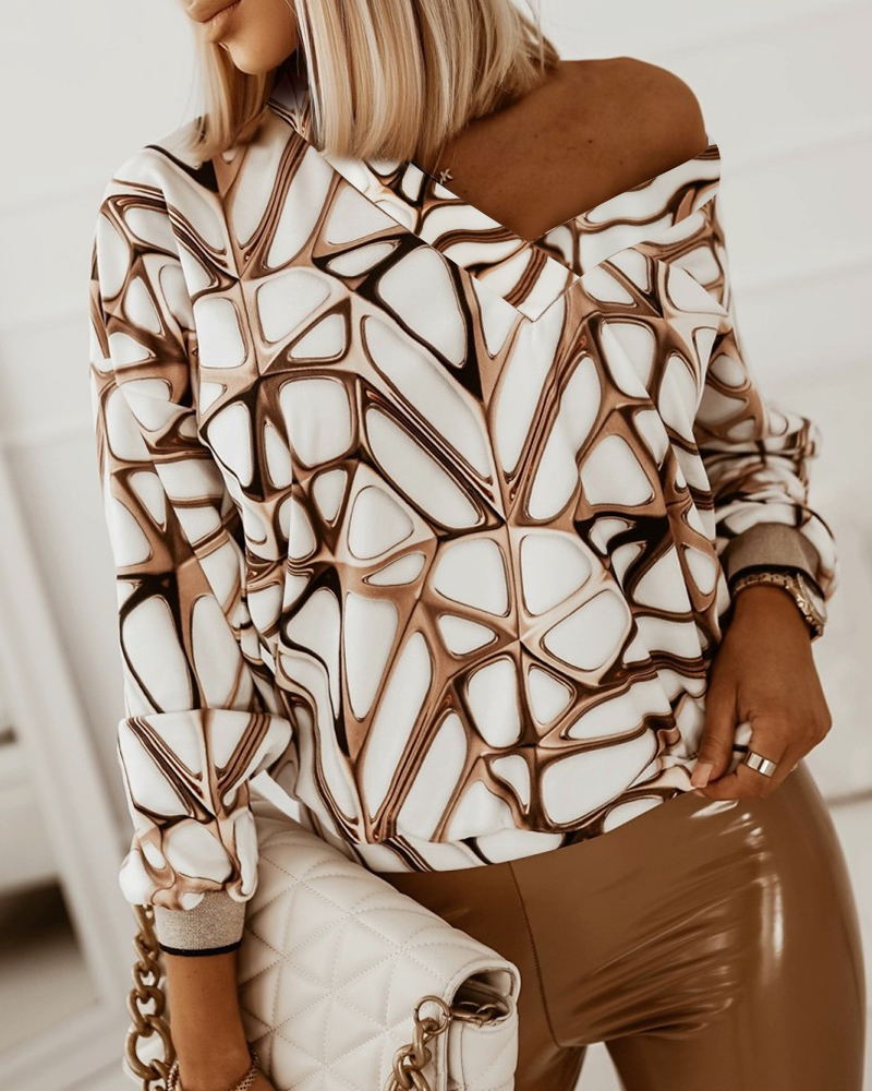 

Geometric Print Long Sleeve Top, White