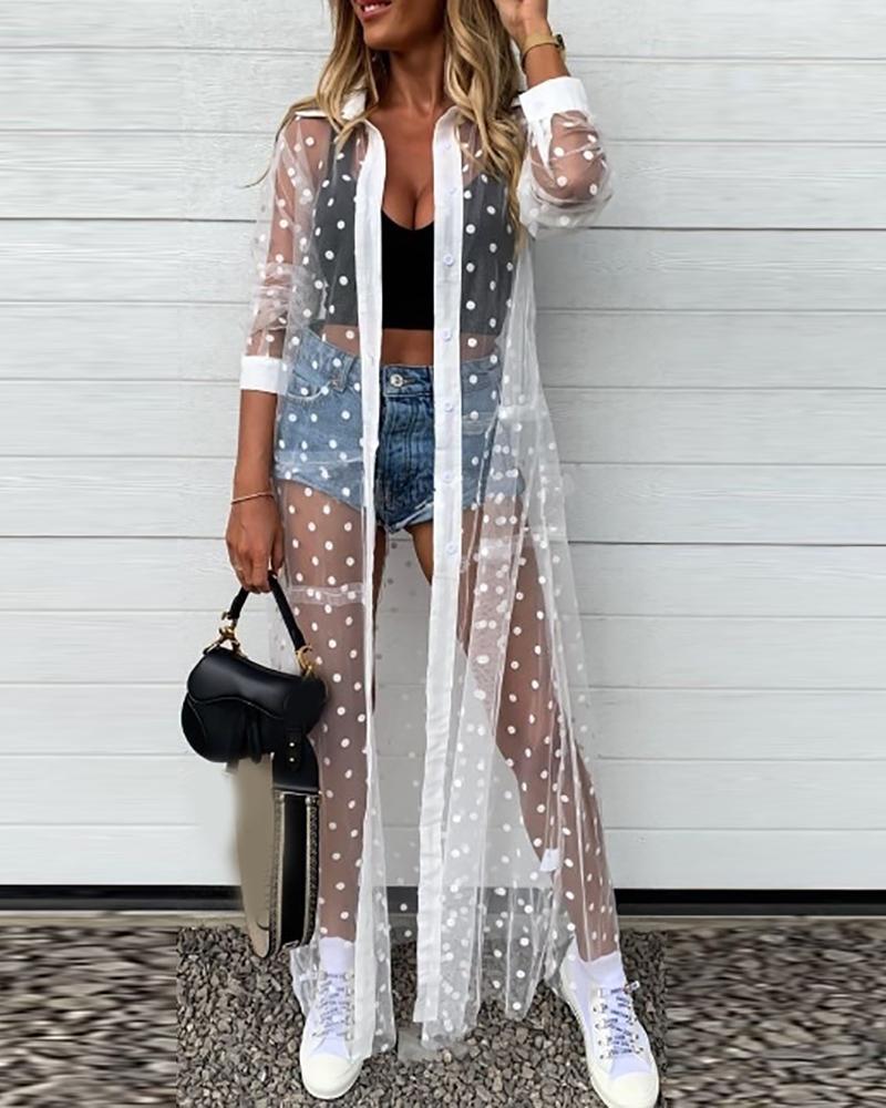 

Mesh Button Design Polka Dot Print Half Sleeve Shirt Dress, White