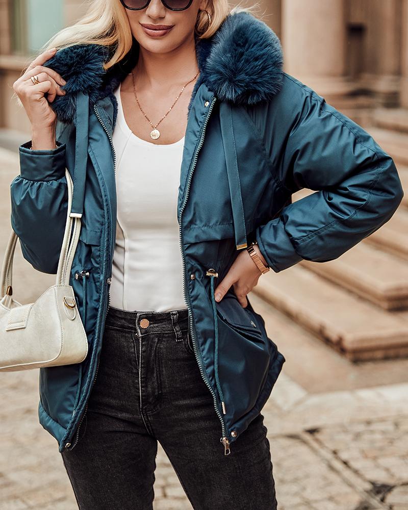 

Faux Fur Hooded Pocket Design Cargo Parka Coat, Dark green
