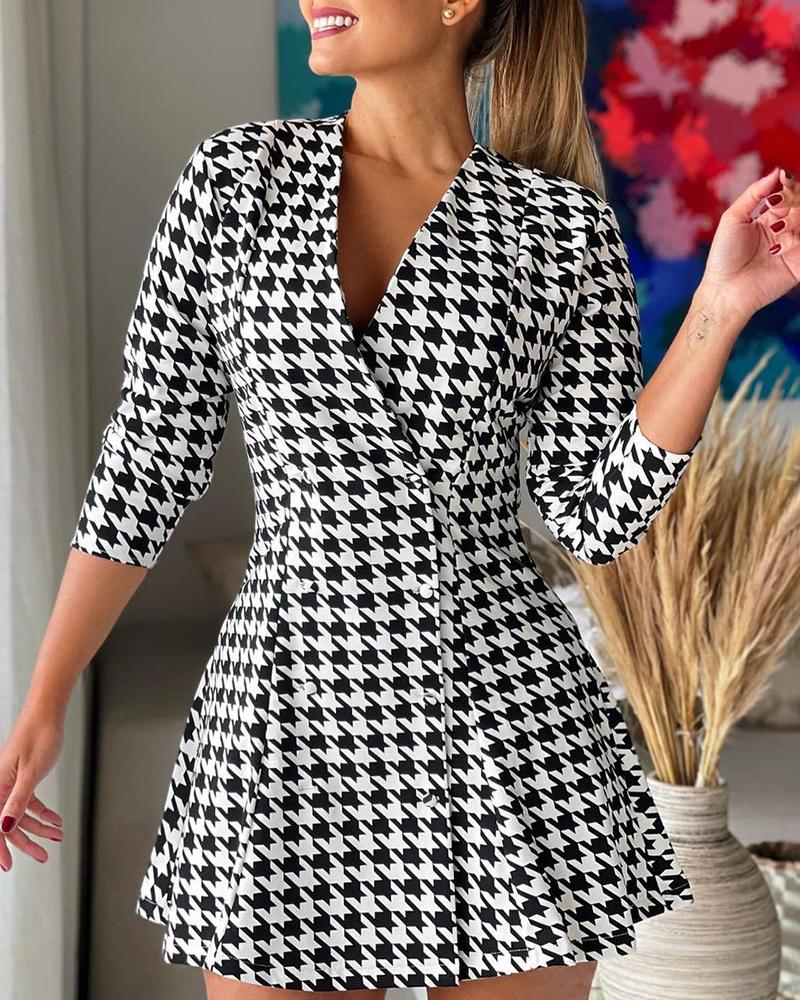 

Houndstooth Print V-Neck Work Dress, Black