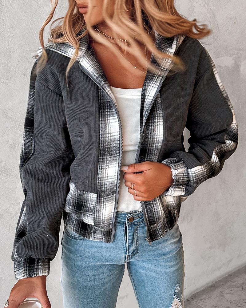 

Plaid Print Patchwork Hooded Corduroy Jacket, Gray