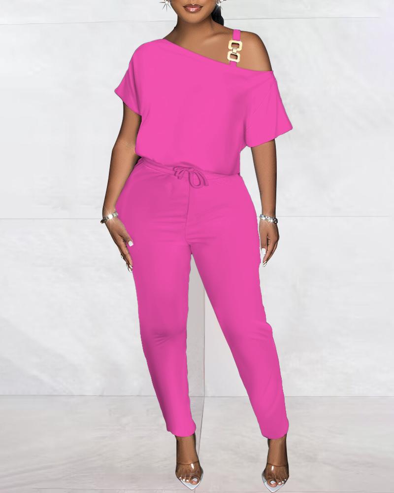

Cold Shoulder Drawstring Chain Decor Jumpsuit, Hot pink