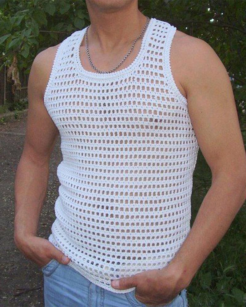 

Solid Color Fishnet Sleeveless Knitted Tank Top, White