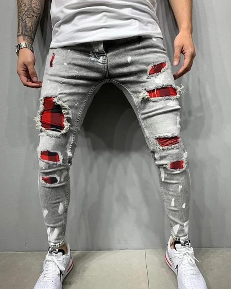

Color Block Patchwork Ripped Skinny Jeans, Gray