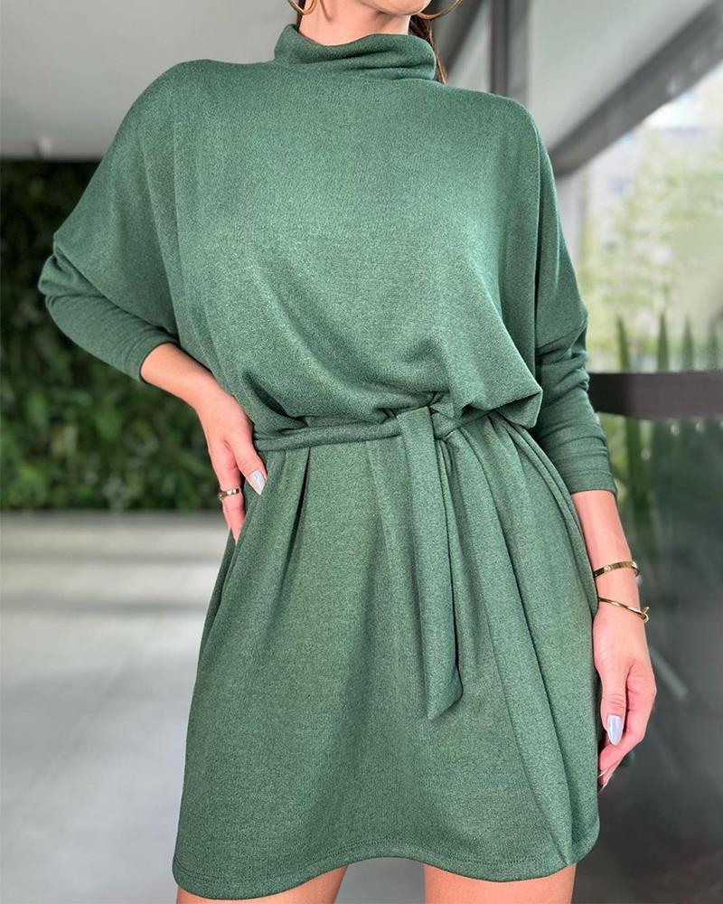 

Mock Neck Tied Detail Long Sleeve Casual Dress, Green